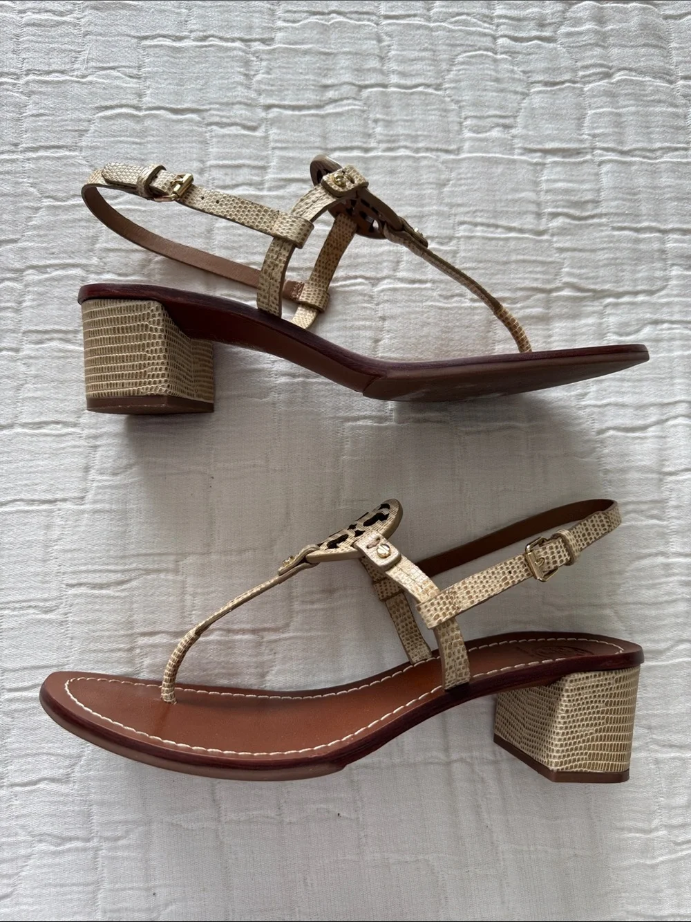 Tory Burch Mini Miller 45MM Stacked Heel Sandal - Micro Tejus Print, Size 8.5
